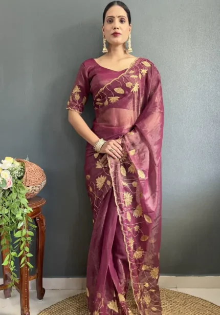 Designer Gold Coin Embroidery Zari Stone Work 1 Minute Saree