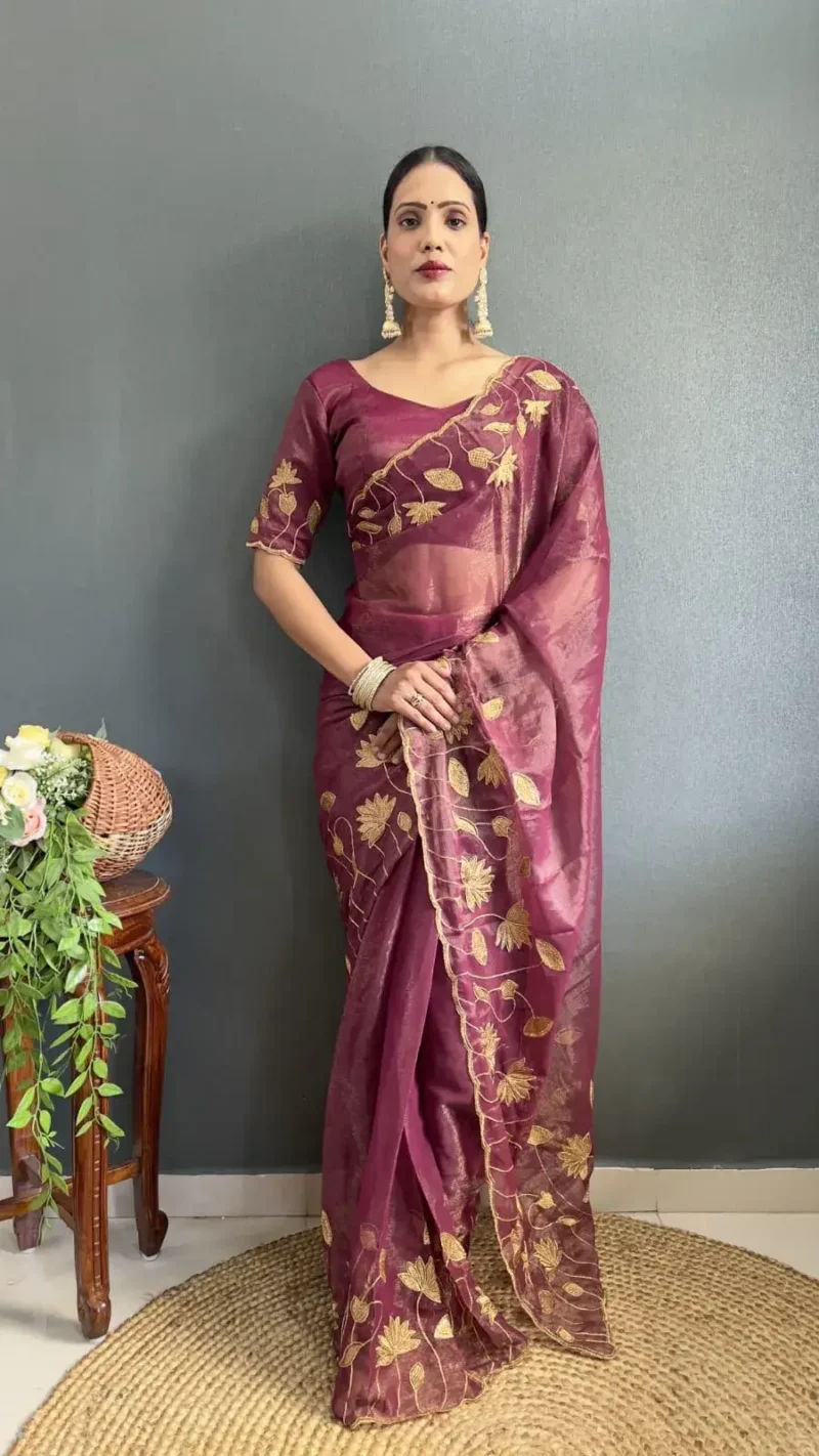 Designer Gold Coin Embroidery Zari Stone Work 1 Minute Saree