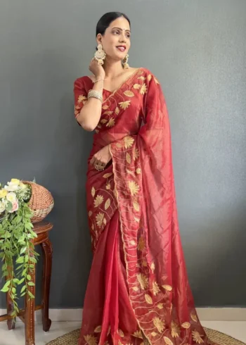 Designer Gold Coin Embroidery Zari Stone Work 1 Minute Saree