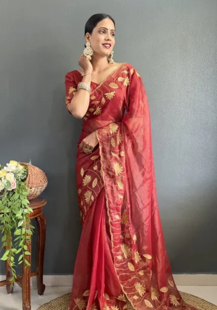 Designer Gold Coin Embroidery Zari Stone Work 1 Minute Saree