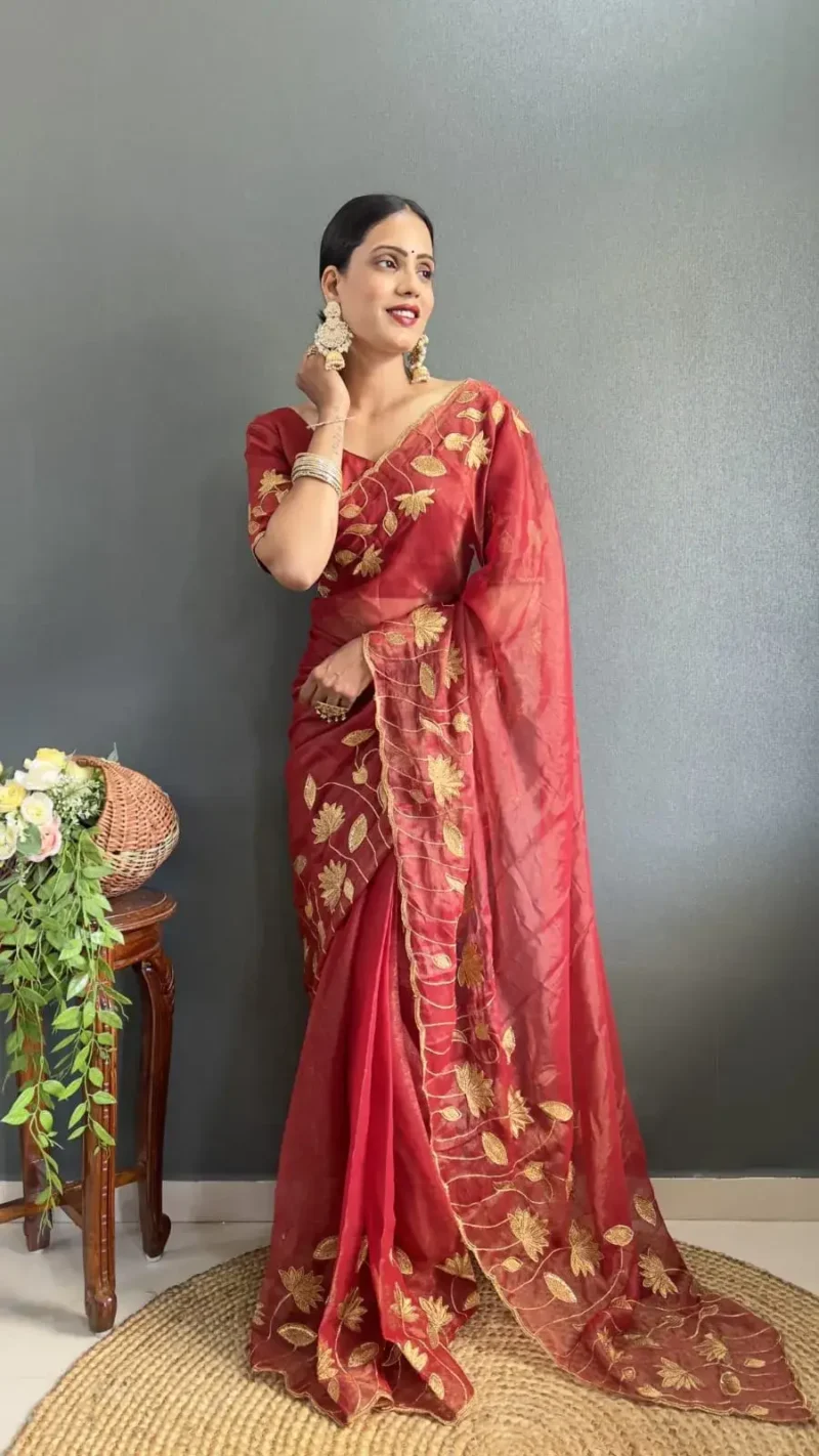Designer Gold Coin Embroidery Zari Stone Work 1 Minute Saree