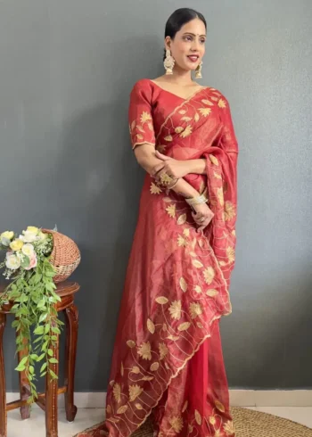 Designer Gold Coin Embroidery Zari Stone Work 1 Minute Saree