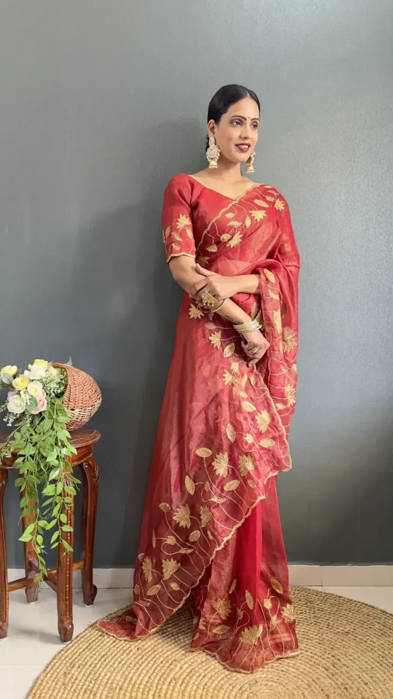 Designer Gold Coin Embroidery Zari Stone Work 1 Minute Saree