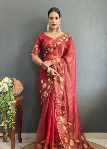 Designer Gold Coin Embroidery Zari Stone Work 1 Minute Saree