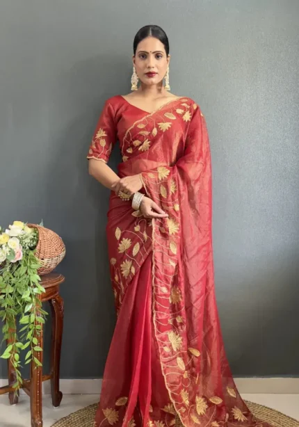 Designer Gold Coin Embroidery Zari Stone Work 1 Minute Saree