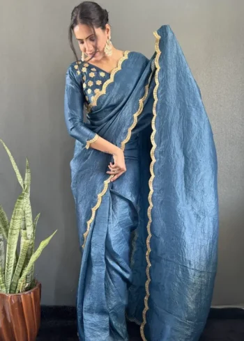 Designer Gold Crush Silk Saree With Gota Work Blouse