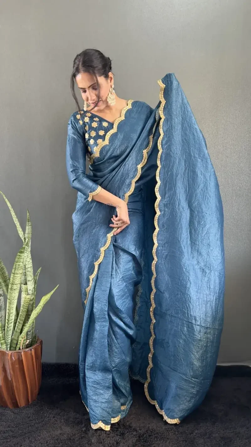 Designer Gold Crush Silk Saree With Gota Work Blouse
