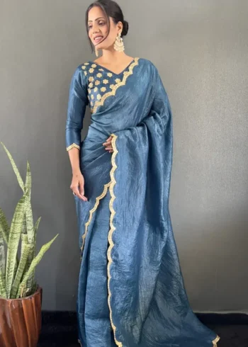 Designer Gold Crush Silk Saree With Gota Work Blouse