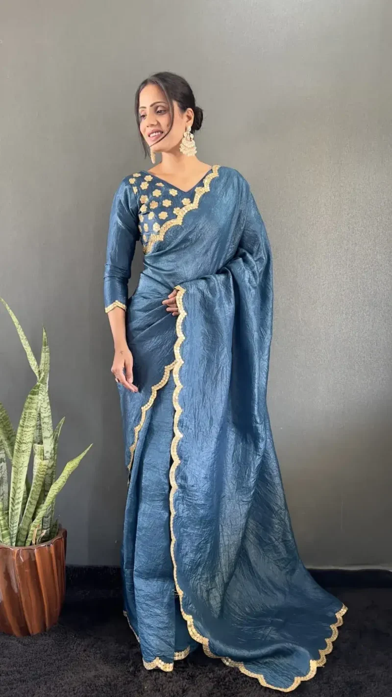 Designer Gold Crush Silk Saree With Gota Work Blouse