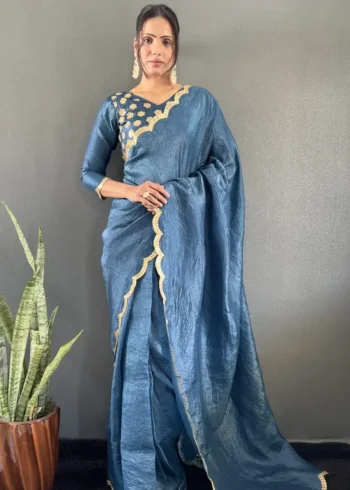 Designer Gold Crush Silk Saree With Gota Work Blouse