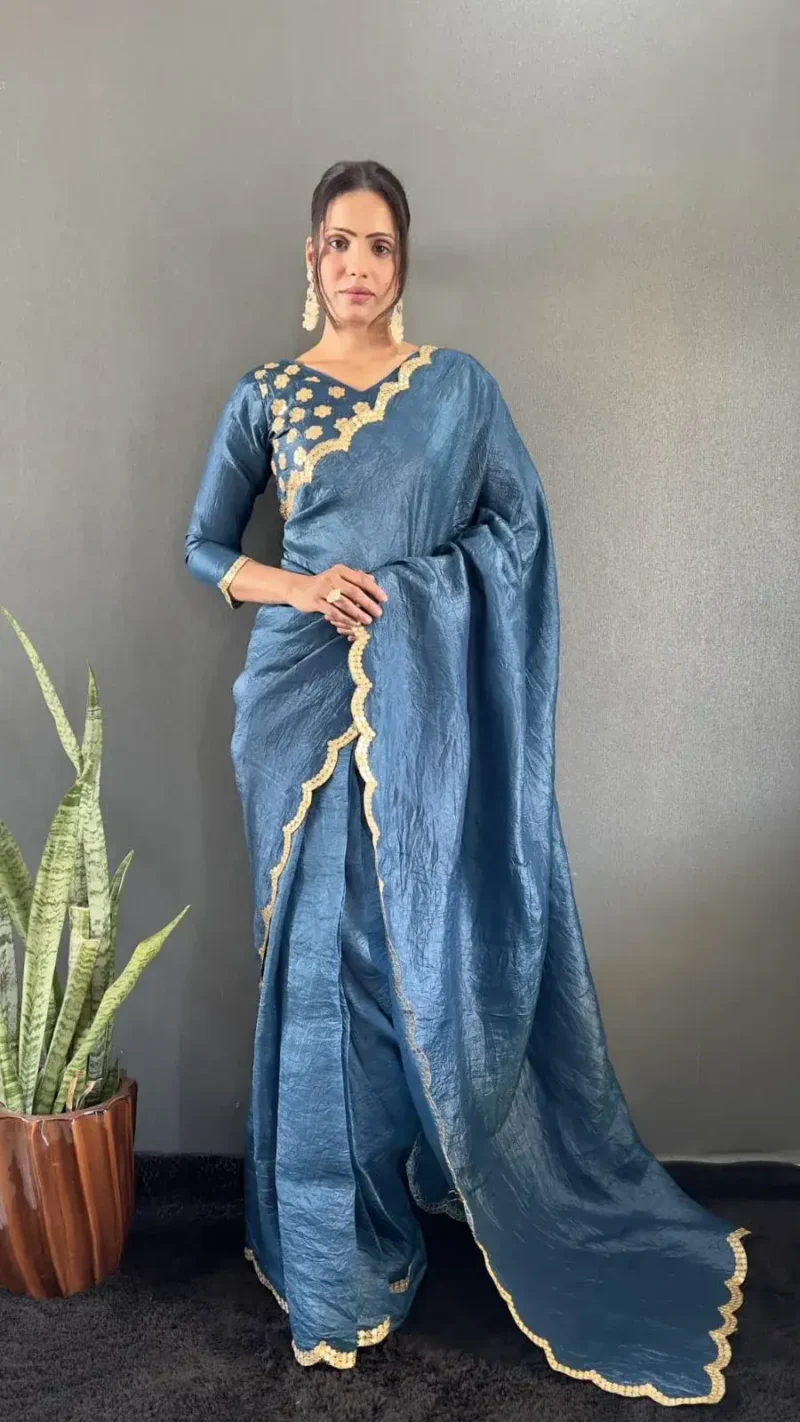 Designer Gold Crush Silk Saree With Gota Work Blouse