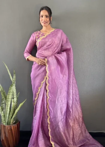 Designer Gold Crush Silk Saree With Gota Work Blouse