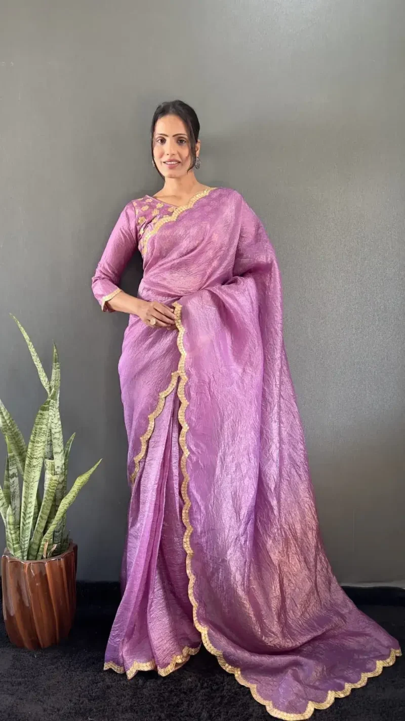 Designer Gold Crush Silk Saree With Gota Work Blouse