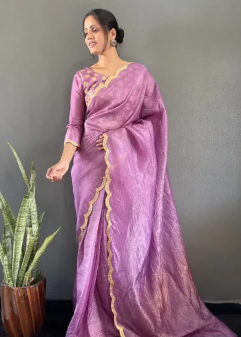 Designer Gold Crush Silk Saree With Gota Work Blouse