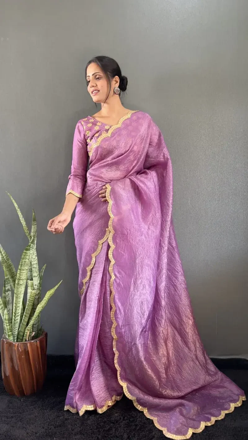 Designer Gold Crush Silk Saree With Gota Work Blouse
