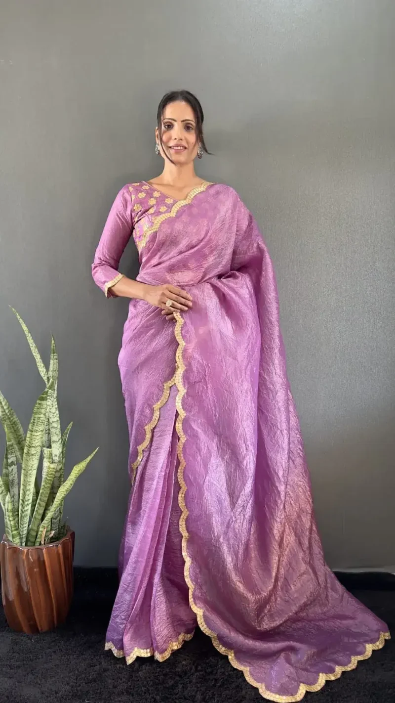 Designer Gold Crush Silk Saree With Gota Work Blouse