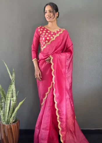 Designer Gold Crush Silk Saree With Gota Work Blousev