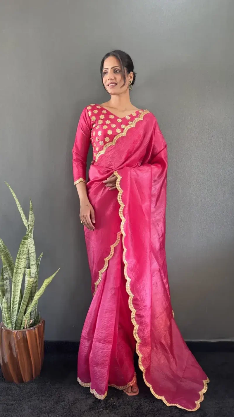 Designer Gold Crush Silk Saree With Gota Work Blousev