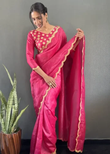 Designer Gold Crush Silk Saree With Gota Work Blouse