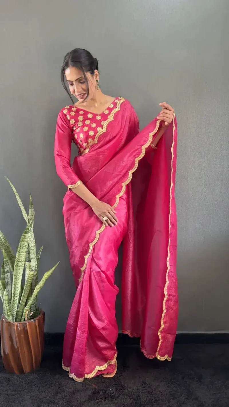 Designer Gold Crush Silk Saree With Gota Work Blouse