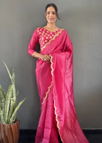 Designer Gold Crush Silk Saree With Gota Work Blouse