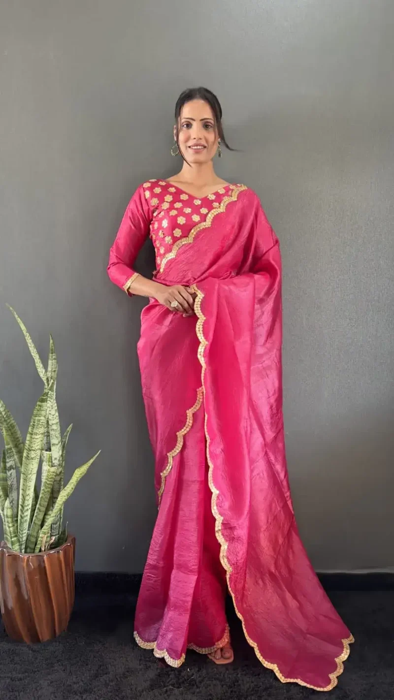 Designer Gold Crush Silk Saree With Gota Work Blouse
