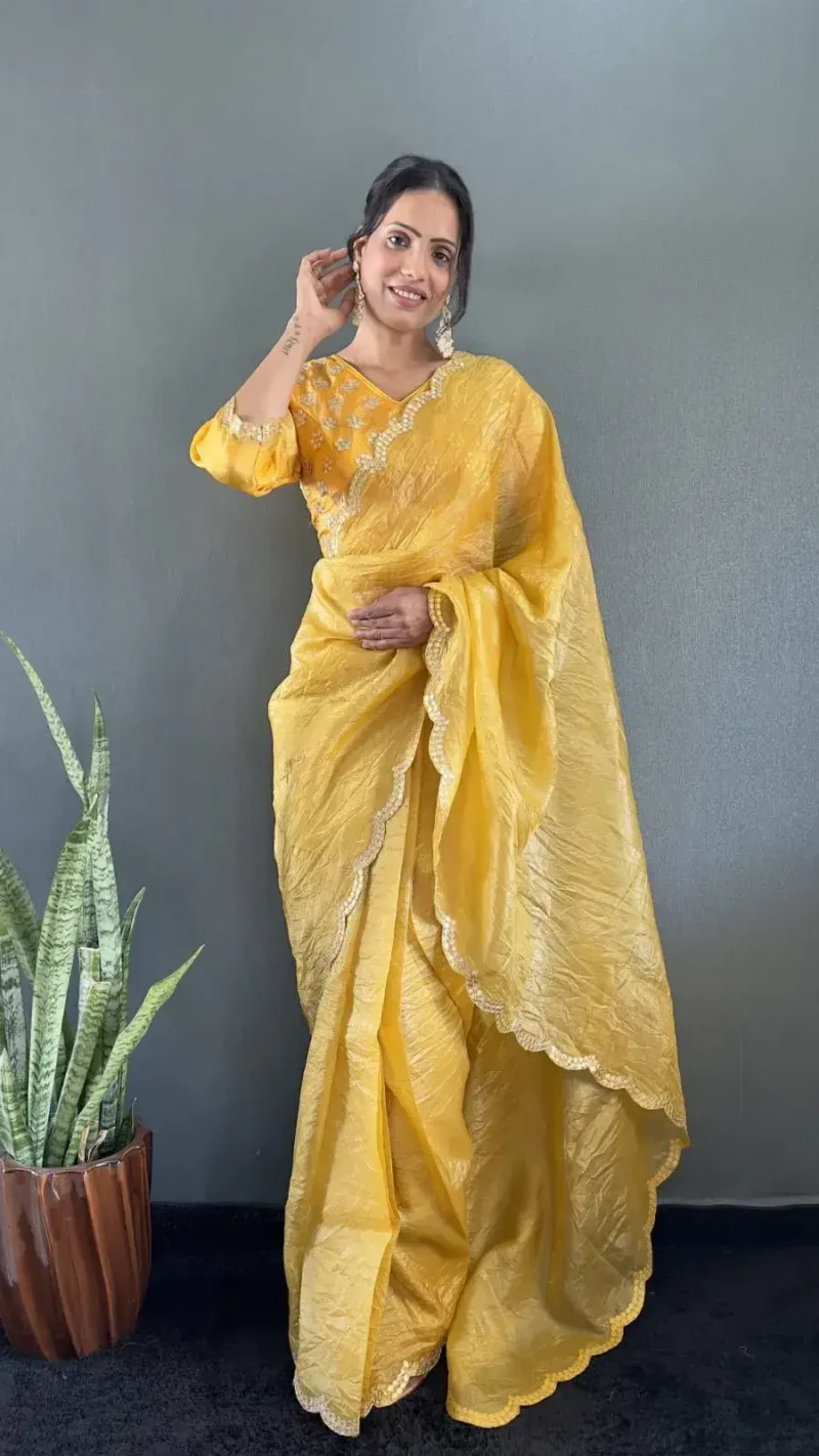 Designer Gold Crush Silk Saree With Gota Work Blouse