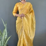 Designer Gold Crush Silk Saree With Gota Work Blouse