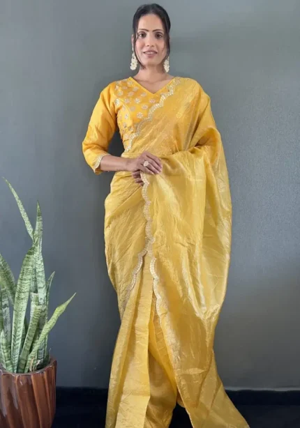 Designer Gold Crush Silk Saree With Gota Work Blouse