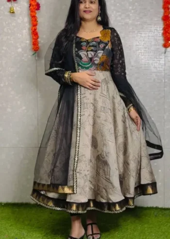 Designer Kalamkari Printed Cotton Gown With Dupatta