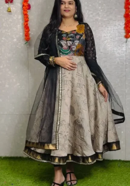 Designer Kalamkari Printed Cotton Gown With Dupatta