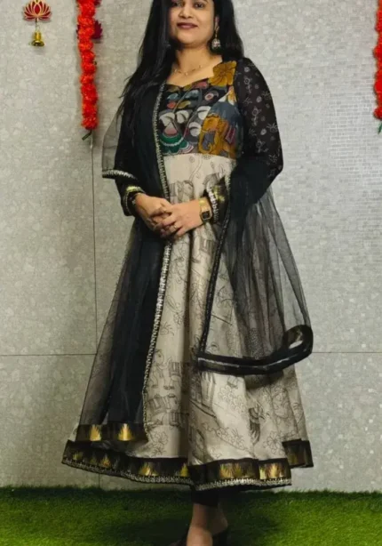 Designer Kalamkari Printed Cotton Gown With Dupatta