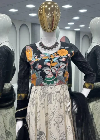 Designer Kalamkari Printed Cotton Gown With Dupatta