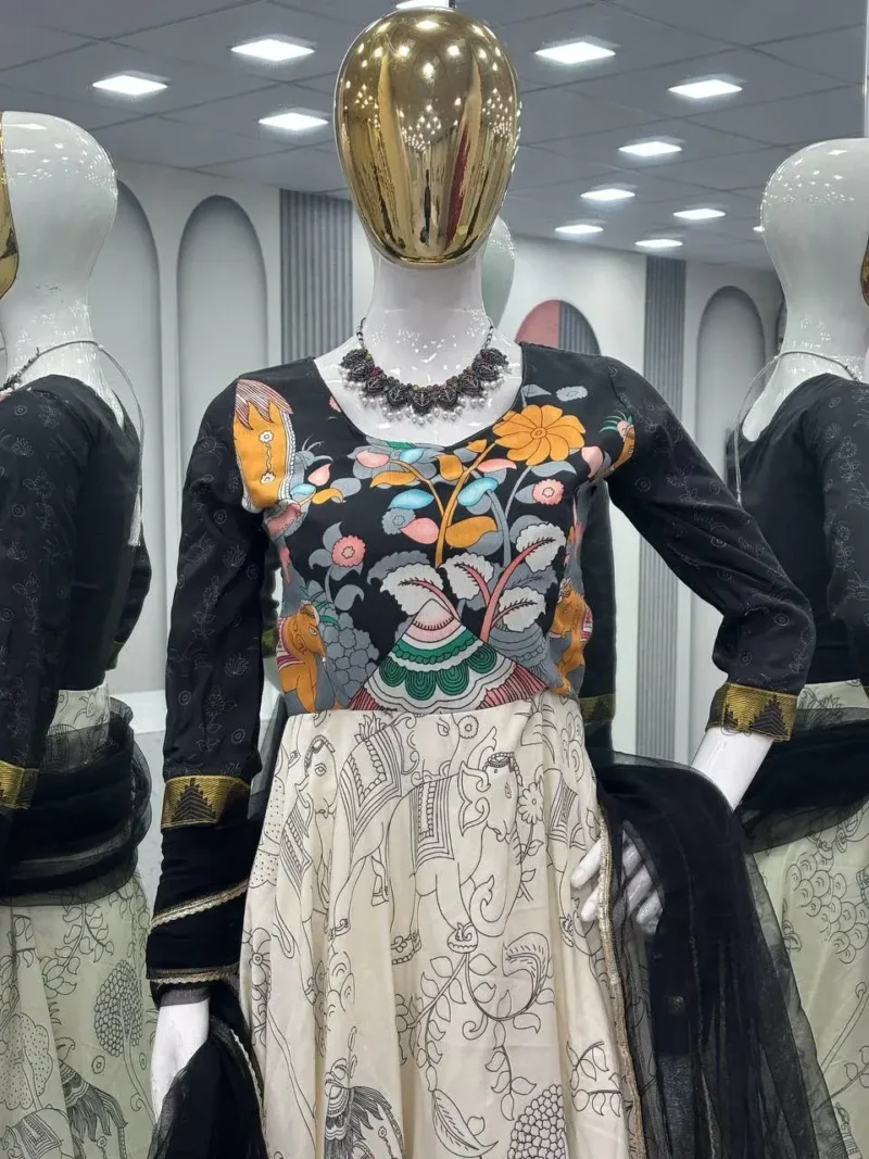Designer Kalamkari Printed Cotton Gown With Dupatta
