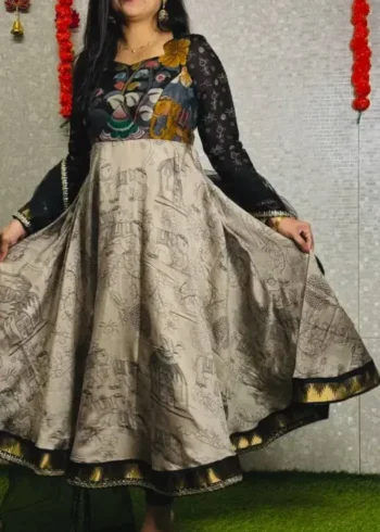 Designer Kalamkari Printed Cotton Gown With Dupatta