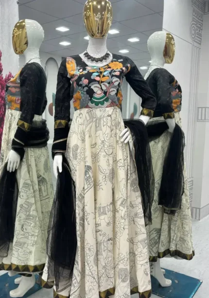 Designer Kalamkari Printed Cotton Gown With Dupatta