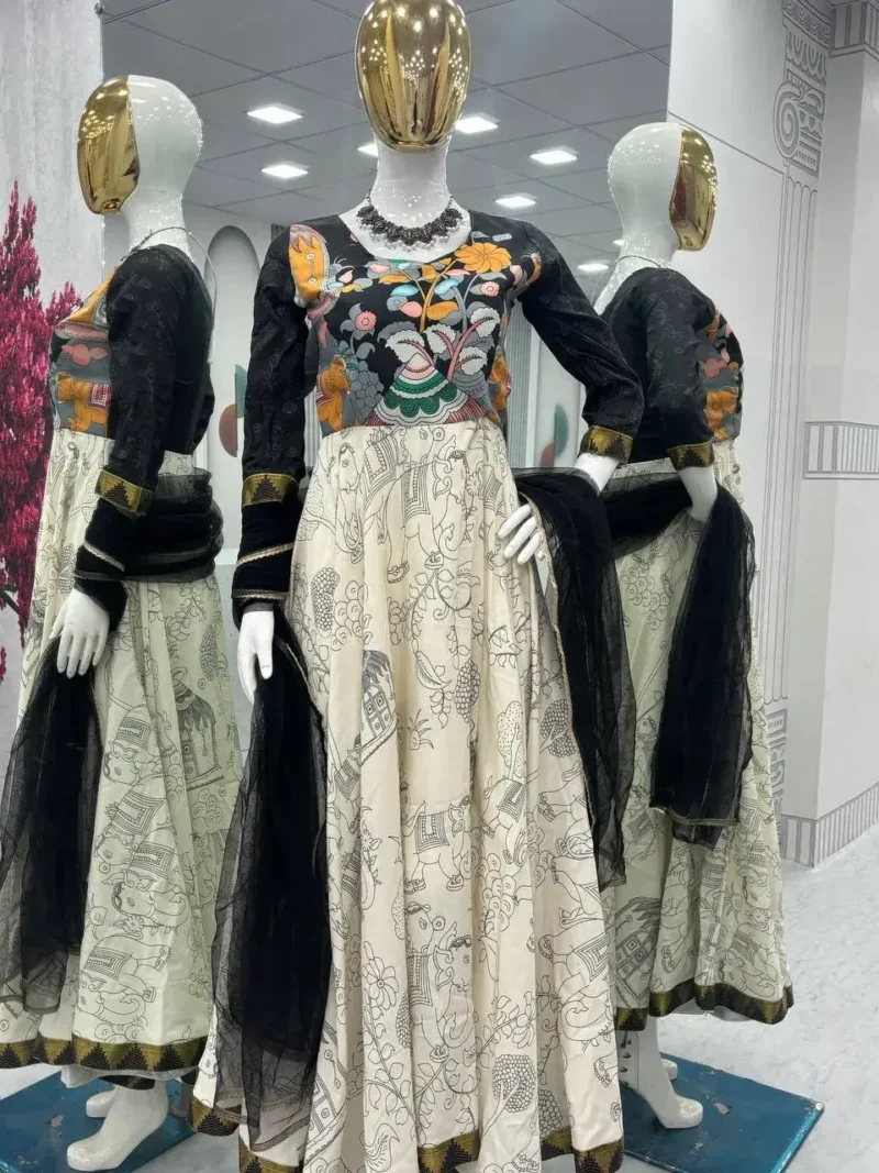 Designer Kalamkari Printed Cotton Gown With Dupatta