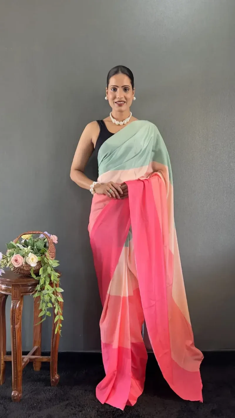 Digital Print Work Natural Silk Pre Stitched Sarees