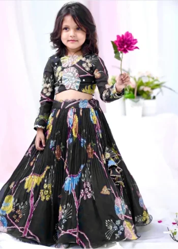 Black Digital Printed Diamond Work Designer Kids Lehenga Choli