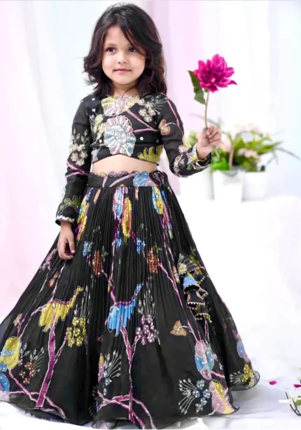 Black Digital Printed Diamond Work Designer Kids Lehenga Choli