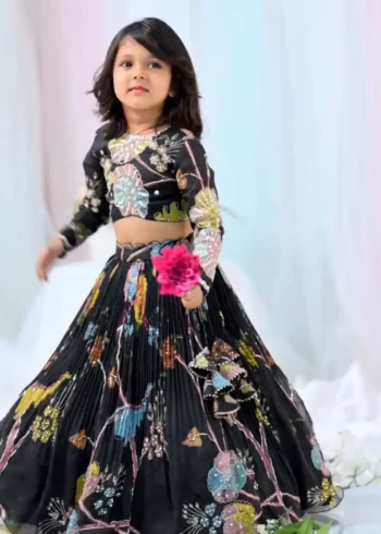 Black Digital Printed Diamond Work Designer Kids Lehenga Choli