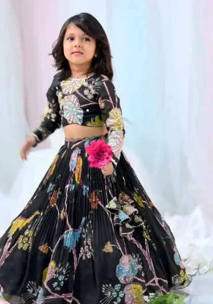 Black Digital Printed Diamond Work Designer Kids Lehenga Choli