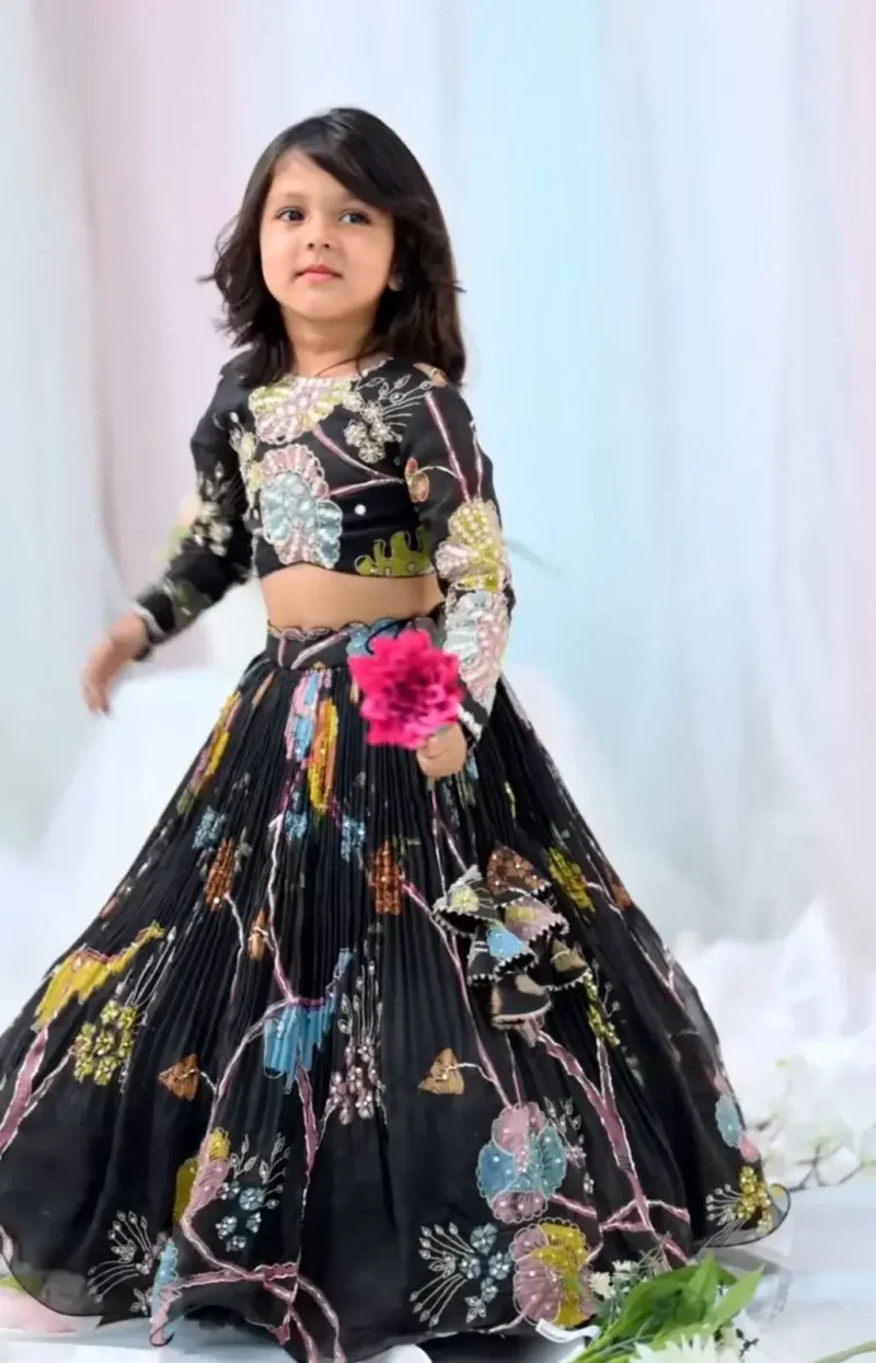 Black Digital Printed Diamond Work Designer Kids Lehenga Choli
