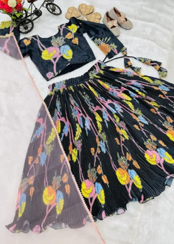 Black Digital Printed Diamond Work Designer Kids Lehenga Choli