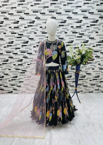 Black Digital Printed Diamond Work Designer Kids Lehenga Choli