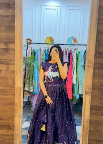 Digital Printed Soft Chinnon Sequins Embroidery Work Kalamkari Gown
