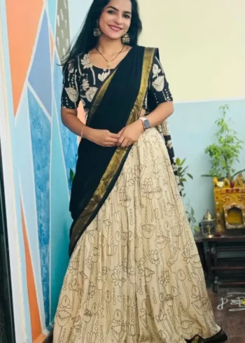 Digital Printed Soft Muslin Silk Kalamkari Lehenga With Jacqard Lace Work