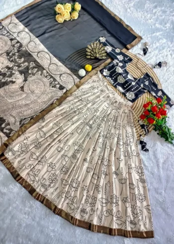 Digital Printed Soft Muslin Silk Kalamkari Lehenga With Jacqard Lace Work