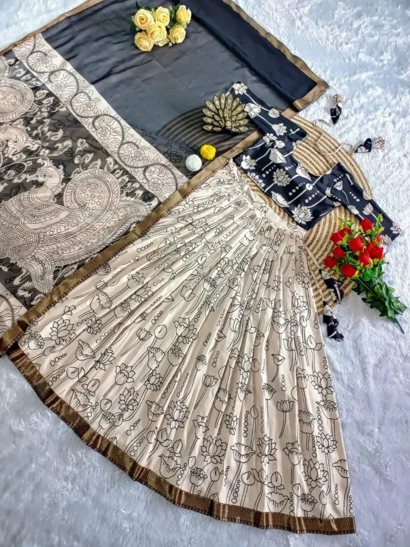 Digital Printed Soft Muslin Silk Kalamkari Lehenga With Jacqard Lace Work