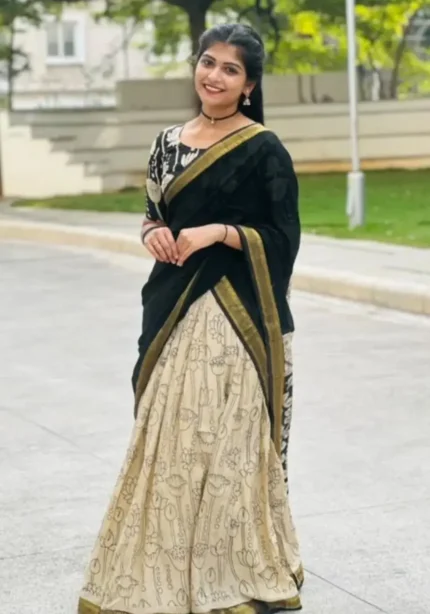 Digital Printed Soft Muslin Silk Kalamkari Lehenga With Jacqard Lace Work